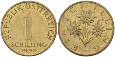 АВСТРИЯ 1 ШИЛЛИНГ 1992 КМ 2886 алюминиевая бронза 4573-314