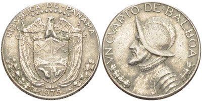 Панама 1/4 бальбоа 1975 Васко Нуньес де Бальбоа KM 11а медь плакированная медно-никелем 4393-824