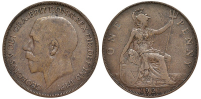 Великобритания 1 пенни 1921 Георг V (1910-1936) KM 810, Spink 4051 бронза 4123-1134