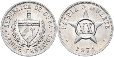 Куба 20 сентаво 1971 звезда, республика (1962-2018) KM 35 алюминий BUNC 186-436