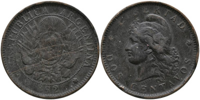 Аргентина 2 сентаво 1892 голова свободы влево KM 8 бронза 4531-1121