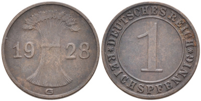 ГЕРМАНИЯ 1 РЕЙХСПФЕННИГ 1928 G KM 37, J.313 бронза 4588-342