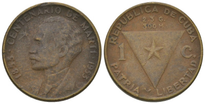 Куба 1 сентаво 1953 100 лет со дня рождения Хосе Марти KM 26, JMA 7, Y 20, Schoen 24 латунь 4611-1216