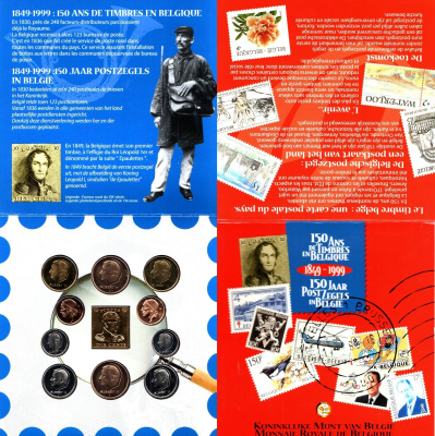 Бельгия годовой набор из 10 монет (50 сантмов; 1, 5, 20 и 50 франков) и жетон 1999 150 лет почте, в оригинальной упаковке KM MS12 (148.1, 149.1, 187, 188, 189, 190, 191, 192, 193 и 194) BU 8-2-05-48