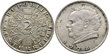 Австрия 2 шиллинга 1928 100 лет со дня смерти Франца Шуберта KM 2843 серебро 08-832