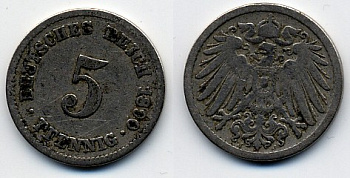 ГЕРМАНИЯ 5 ПФЕННИГОВ 1890 J, KM 11, J. 12 медно-никель 51-5062