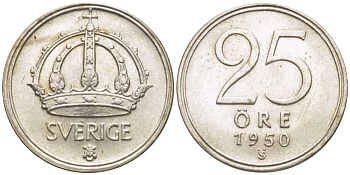Швеция 25 эре 1950 TS, Густав V (1907-1950) KM 816 серебро 116-1149