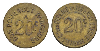 Франция, Компания железной дороги - Сент-Этьен Барле 20 сантимов ND El Mon C980.4, TC 332113, Smith 800 латунь 650-914