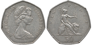 Великобритания 50 пенсов 1969 Елизавета II (1952-2022) KM 913, Spink 4223 (H1) медно-никель 4131-711