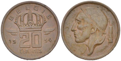 Бельгия 20 сантимов 1954 Belgie, Бодуэн I (1951-1993) KM 147.1 бронза 218-1216