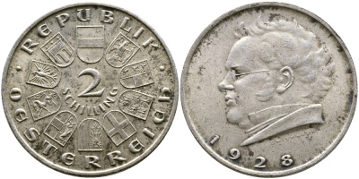 Австрия 2 шиллинга 1928 100 лет со дня смерти Франца Шуберта KM 2843 серебро 08-832
