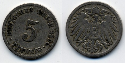 ГЕРМАНИЯ 5 ПФЕННИГОВ 1890 J, KM 11, J. 12 медно-никель 51-5062