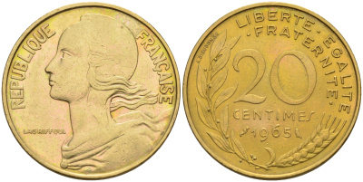 Франция 20 сантимов 1965 тип Марианна KM 930 медь алюминий никель 4116-515
