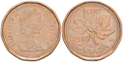 Канада 1 цент 1989 Елизавета II (1952-2022), кленовый лист KM 132 бронза 99-948
