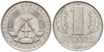 ГДР 1 пфенниг 1961 A KM 8.1 алюминий 39-1132