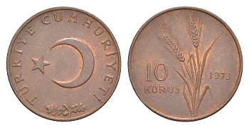 Турция 10 курушей 1973 KM 891.2 бронза UNC 4647-564