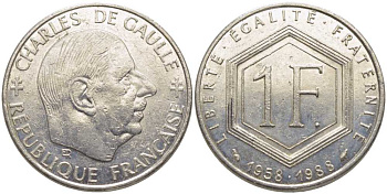 ФРАНЦИЯ 1 ФРАНК 1988 ШАРЛЬ ДЕ ГОЛЛЬ, 30 ЛЕТ РЕСПУБЛИКЕ KM 943, LA FRANC 227.2 никель 175-553