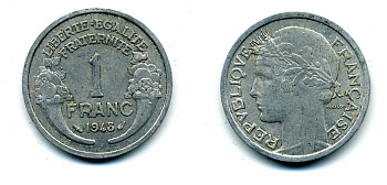 ФРАНЦИЯ 1 ФРАНК 1948 ТИП MORLON, LEGERE KM 885a.1, LE FRANC 221.13 алюминий 37-856