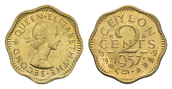 Цейлон 2 цента 1957 Елизавета II (1952-2022) KM 124 никель латунь UNC 4651-459