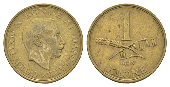 Дания 1 крона 1943 N, Кристиан X (1912-1947) KM 835 алюминиевая бронза 4638-653