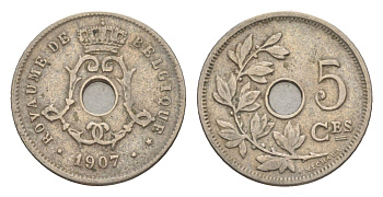 Бельгия 5 сантимов 1907 Belgique, Леопольд I (1865-1909) KM 54 медно-никель 4615-845