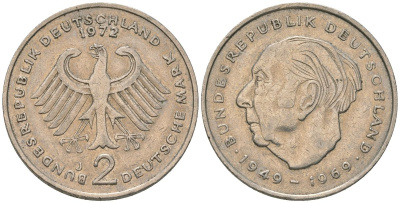 ФРГ 2 марки 1972 J, Теодор Хойс, 20 лет Федеративной Республике KM A127 медно-никель 4557-1143