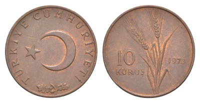 Турция 10 курушей 1973 KM 891.2 бронза UNC 4647-564