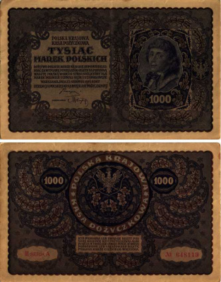 ПОЛЬША 1000 МАРОК 1919 23 АВГУСТА 1919, ТРЕТИЙ ВЫПУСК, ПОРТРЕТ КОСТЮШКО Pick 29 бумага VF-XF 8607-31-1