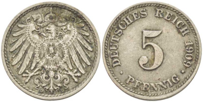 ГЕРМАНИЯ 5 ПФЕННИГОВ 1909 D KM 11, J. 12 медно-никель 105-141