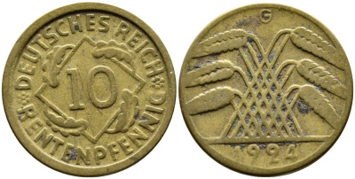 Германия 10 рентенпфеннигов 1924 G KM 33, J. 309, Weege 8 алюминиевая бронза 4390-833