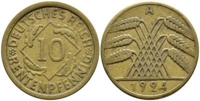 ГЕРМАНИЯ 10 РЕНТЕНПФЕННИГОВ 1924 A KM 33, J. 309, Weege 8 алюминиевая бронза 4397-631