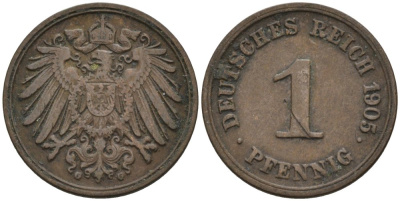Германия 1 пфенниг 1905 G KM 10, J. 10 медь 4567-1219
