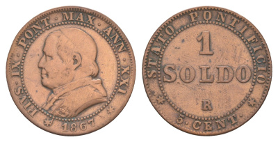 Папская область 1 сольдо 1867 Пий IX KM 1372.2 медь 4646-516