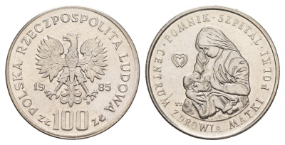 Польша 100 злотых 1985 Центр здоровья матери Y 157 сталь плакированная никелем UNC 4654-1022