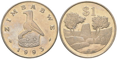 Зимбабве 1 доллар 1993 руины большого Зимбабве KM 6 медно-никель UNC 106-755
