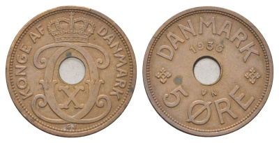 Дания 5 эре 1936 N, Кристиан X (1912-1947) KM 828 бронза 4706-741