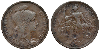 Франция 5 сантимов 1917 тип Даниэль Дюпуи KM 842, Le Franc 119.30 бронза 4128-121