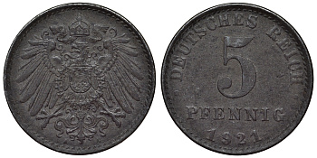 Германия 5 пфеннигов 1921 A KM 19, J. 297, Weege 5 железо 4118-1121