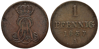 Ганновер 1 пфенниг 1837 A, Эрнст Август (1837-1851) KM 173.1, AKS 126, J. 54 медь 75-527