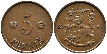 ФИНЛЯНДИЯ 5 ПЕННИ 1937 KM 22 медь 4387-415