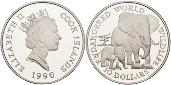 Острова Кука 10 долларов 1990 серия исчезающие виды животных, африканские слоны KM 80 серебро PROOF 00-000-00