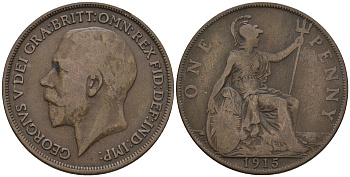 Великобритания 1 пенни 1915 Георг V (1910-1936) KM 810, Spink 4051 бронза 4607-1212