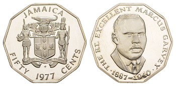 Ямайка 50 центов 1977 FM, тираж 10.000 экземпляров KM 70 медно-никель PROOF 1529-425