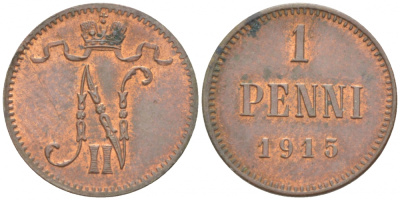 РОССИЯ ДЛЯ ФИНЛЯНДИИ 1 ПЕННИ 1915 НИКОЛАЙ II KM 13, Биткин 475 медь 4396-1442