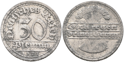 ГЕРМАНИЯ 50 ПФЕННИГОВ 1921 G KM 27, J. 301 алюминий 4566-535