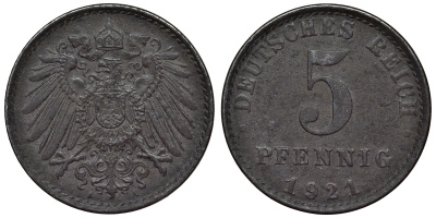 Германия 5 пфеннигов 1921 A KM 19, J. 297, Weege 5 железо 4118-1121