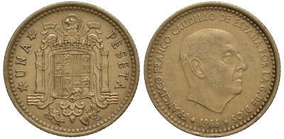 ИСПАНИЯ 1 ПЕСЕТА 1966 (70) ФРАНСИСКО ФРАНКО ДИКТАТОР ИСПАНИИ (1939-1975) KM 796 алюминиевая бронза 4182-241