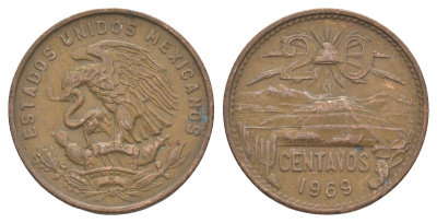 Мексика 20 сентаво 1969 KM 440 бронза 4166-627