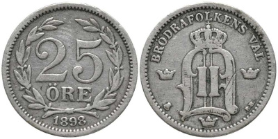 Швеция 25 эре 1898 EB, Оскар II (1872-1907) король Швеции и Норвегии KM 739 (531) серебро 201-1116