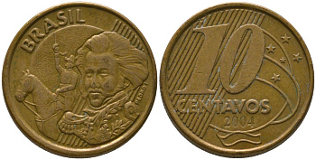 Бразилия 10 сентаво 2004 KM 649, Schon 157 сталь плакированная бронзой 4523-736
